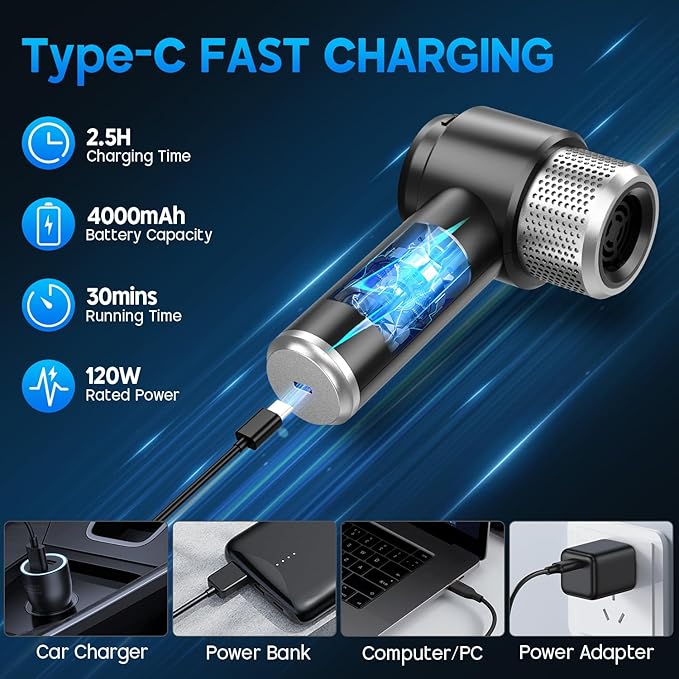 Cordless Handheld Car Vacuum Cleaner & Air Duster | 2-in-1 Portable Mini Vacuum with LED Light, 120W High Power, Multi-Nozzles for Car, Home & Office