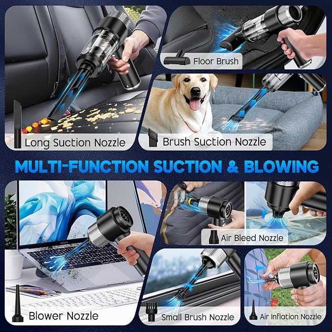 Cordless Handheld Car Vacuum Cleaner & Air Duster | 2-in-1 Portable Mini Vacuum with LED Light, 120W High Power, Multi-Nozzles for Car, Home & Office