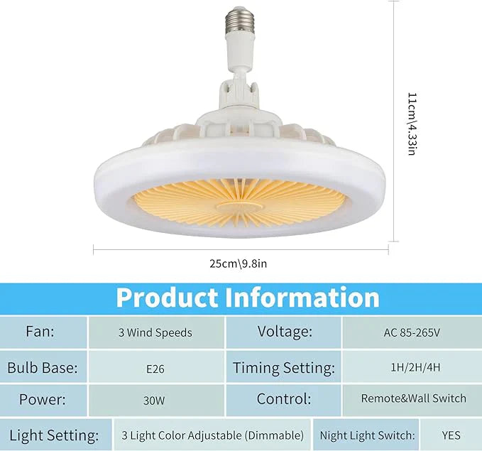 LED Multi-Function Ceiling Fan Light – Dimmable 3 Color Modes with Remote | E26 Socket Fan