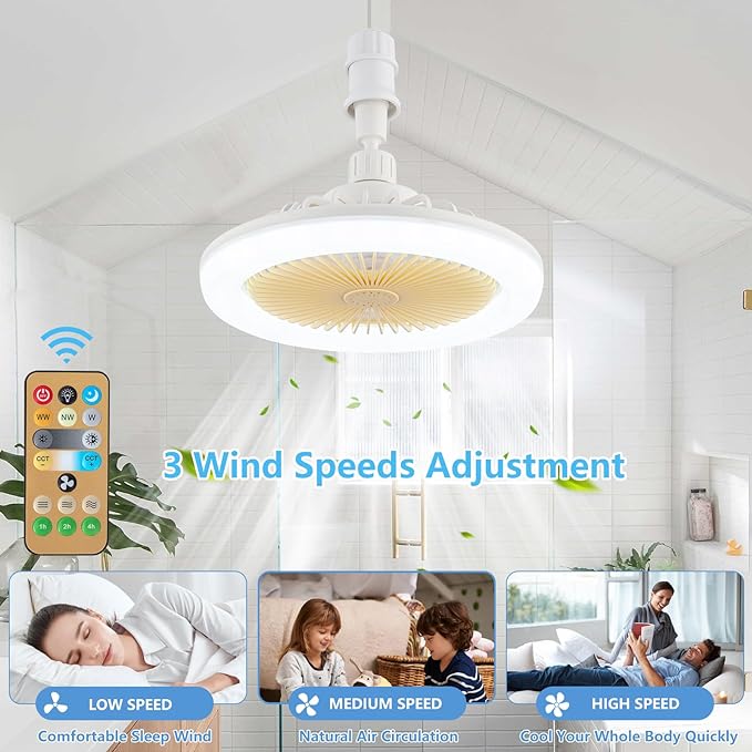 LED Multi-Function Ceiling Fan Light – Dimmable 3 Color Modes with Remote | E26 Socket Fan