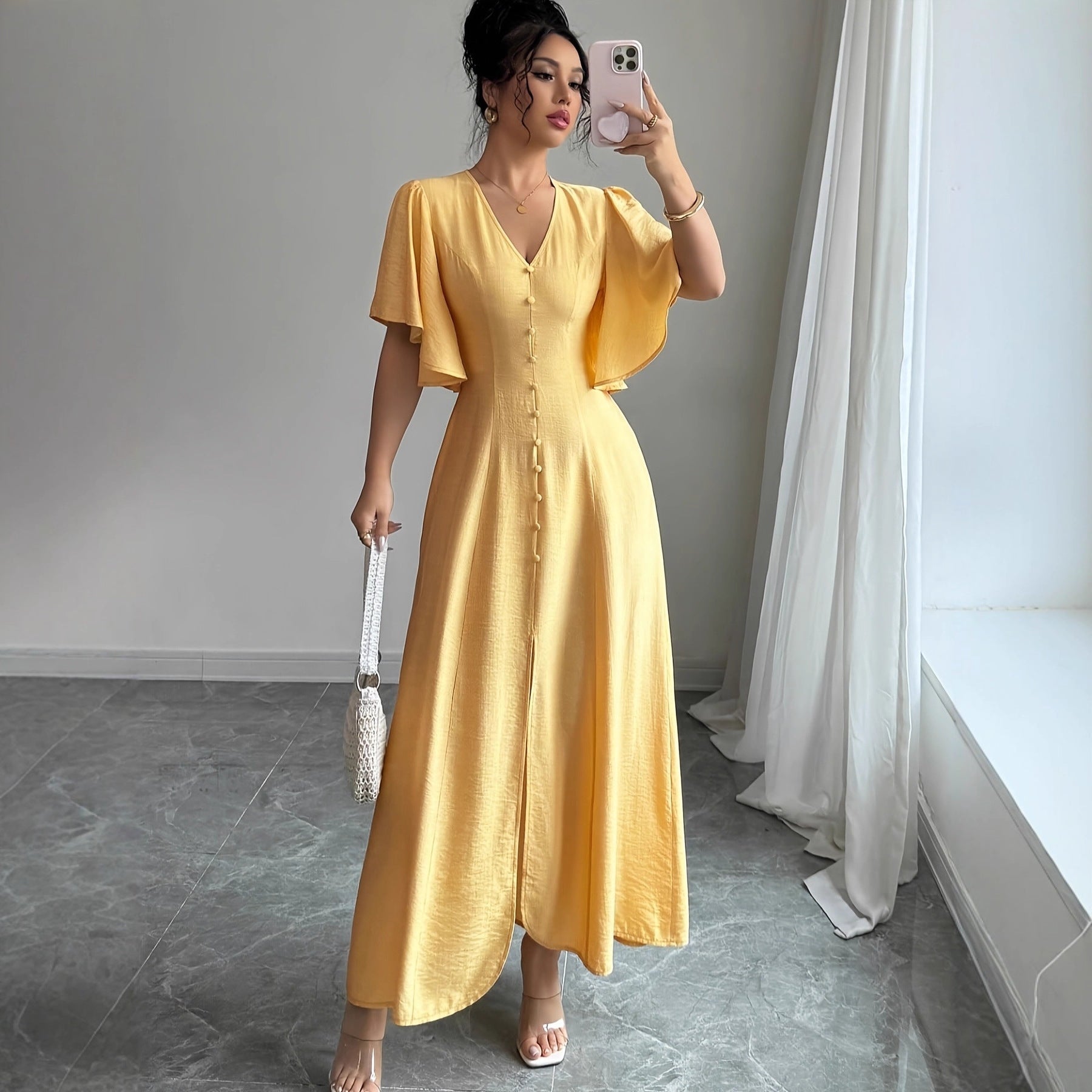 Women's Solid-Colored Split Simple Dress With Petal Sleeves 30 Days Replacement Warranty