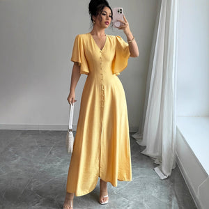 Women's Solid-Colored Split Simple Dress With Petal Sleeves 30 Days Replacement Warranty