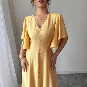 Women's Solid-Colored Split Simple Dress With Petal Sleeves 30 Days Replacement Warranty