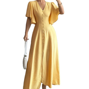 Women's Solid-Colored Split Simple Dress With Petal Sleeves 30 Days Replacement Warranty