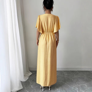 Women's Solid-Colored Split Simple Dress With Petal Sleeves 30 Days Replacement Warranty