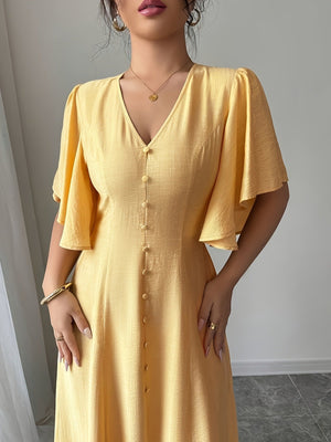 Women's Solid-Colored Split Simple Dress With Petal Sleeves 30 Days Replacement Warranty