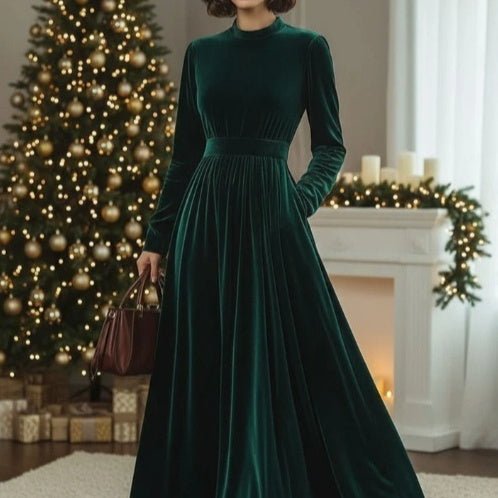 Stand Collar Loose Party Pocket Solid Velvet Long Sleeve Maxi Dress 30 Days Replacement Warranty